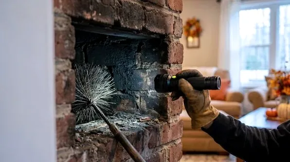 Technician inspecting a fireplace in a Chapel Hill rental house